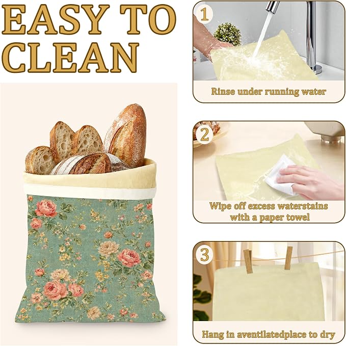 Pink Rose Bread Bags for Homemade Bread, Botanical Vine 2 Pack Linen and Beeswax Sourdough Storage Bags, Reusable Keeper, Keeps Breads Fresh Longer, Gifts for Bakers