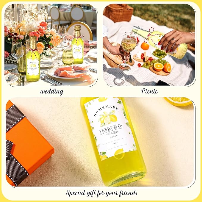 Reallnaive 12 Sets Limoncello Glass Bottles Sets 8 oz Clear Glass Bottles for Limoncello Homemade with Tags and Twine and Funnel for Home Brewing Wedding Baby Shower Party Favors