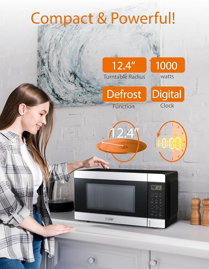 COMMERCIAL CHEF 1.1 Cu Ft Microwave with 10 Power Levels, Small Microwave with Push Button, 1000W Countertop Microwave with Kitchen Timer, Door Lock, & Digital Controls, Stainless Steel