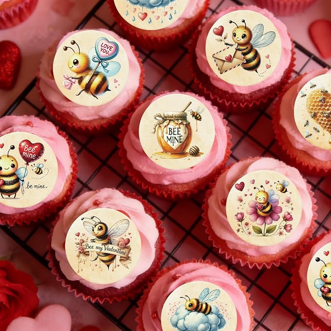 36PCS Edible Bee My Valentine Cupcake Toppers Wafer Paper Honey Bee Love You Cupcake Picks Bee Mine Cake Decor for Valentine's Day Theme Engagement Party Decor Supplies