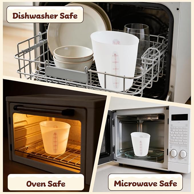 Food-Grade Silicone Measuring Cups with 3Pcs BPA Free Measuring Cups (1/2Cup/1Cup/2Cup) and 3Pcs Reusable Jar Spatulas, Non-Stick Chocolate Melting Cup for Home Baking