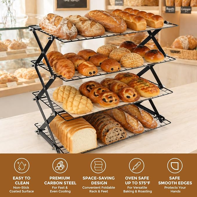 4 Tier Collapsible Cooling Rack, 3 Setting Design - Adjustable Stackable Cooling Racks for Cooking and Baking, Non-Stick Wire Rack with 20pcs Parchment Paper for Baking Cookies, Cakes, Bread, Pizza