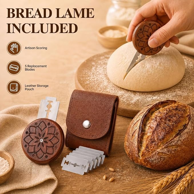 Adjustable Bread Bow Knife Sourdough Slice, 10.5 Inch Bread Cutter Set with Bread Lame, 5 Replacement Blades, Leather Pouch & Gift Box, Premium Bread Lover Gift for Bakers