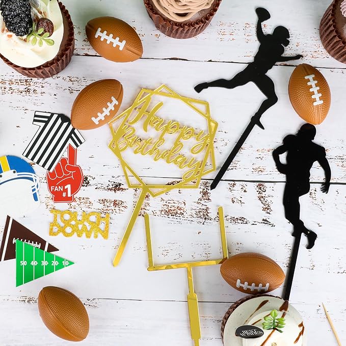 28 Pieces Football Cake Decorations Football Cake Toppers with Mini Foam Balls, Rugby Player, Touch Down, Goal Post Cupcake Toppers for Sports Themed Birthday Party Decor Game Day Party Supplies