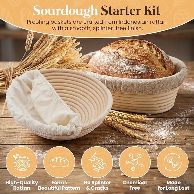 Sourdough Starter Kit with Round & Oval Banneton Bread Proofing Basket, Complete Sourdough bread baking supplies with Sling, Starter Jar, Dough Whisk, Scrapers, Stencils & Bags for Bakers Women Wife