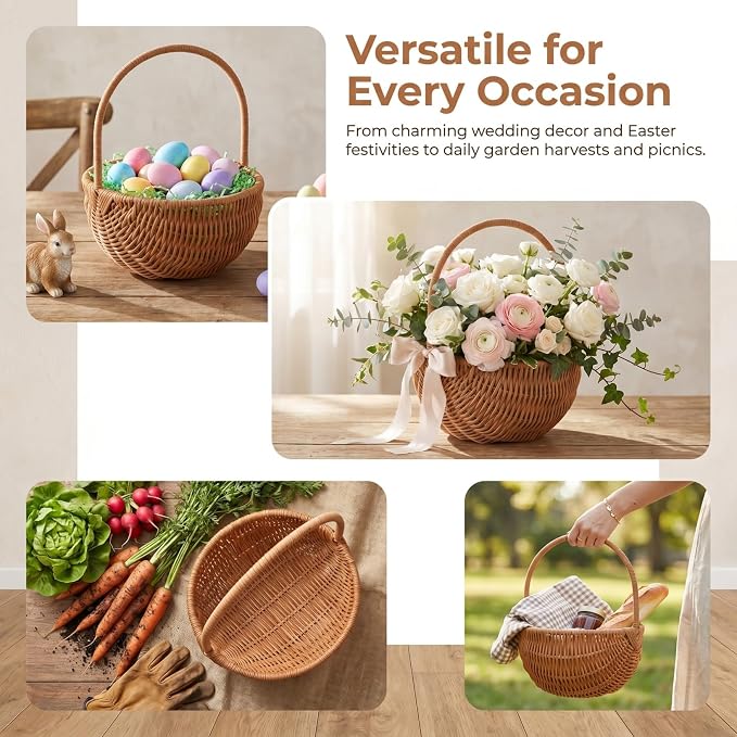 Small Woven Basket with Handle, Plastic Rattan Wicker Easter Basket for Picnic, Harvesting, Home Storage And Decor, Splinter-free, Light Brown, 9. 04 Inch