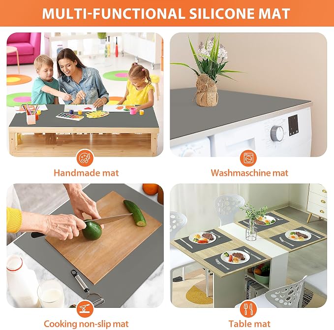 Silicone Mats for Kitchen Counter, Heat Resistant Countertop Protector, Non-Slip Table Mat Desk Saver Pad, Non-Stick Reusable Pastry Mat, Silicone Placemat, Craft Mat - 25'' X 17", Grey