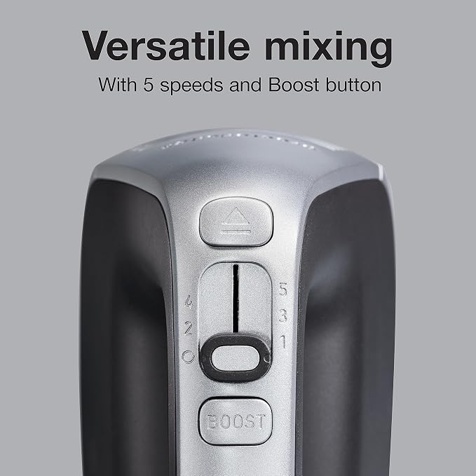 Proctor Silex 5-Speed + Boost Electric Hand Mixer with Powerful 1.3 Amp DC Motor For Effortless Mixing & Consistent Speed in Thick Ingredients, Slow Start, Silver (62501)