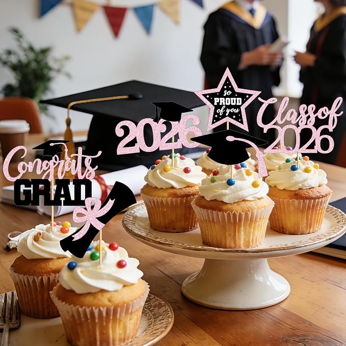 48 PCS Grad Cupcake Toppers, 6 Styles Graduation Cake Topper, Congrats Glittery Graduation Decorations 2026, Black and Pink Cap and Diploma Cake Picks for Grad Party Supplies