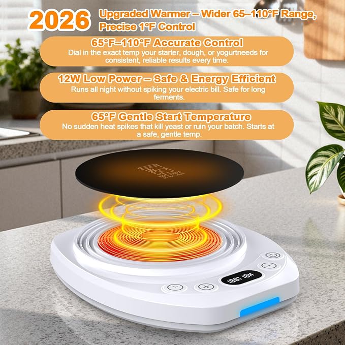 Sourdough Starter Warmer Mat,65-110°F 1°F Precision, 24H Timer & Memory, Electric Heating Mat for 24-40oz Jars, Home Baking（white）