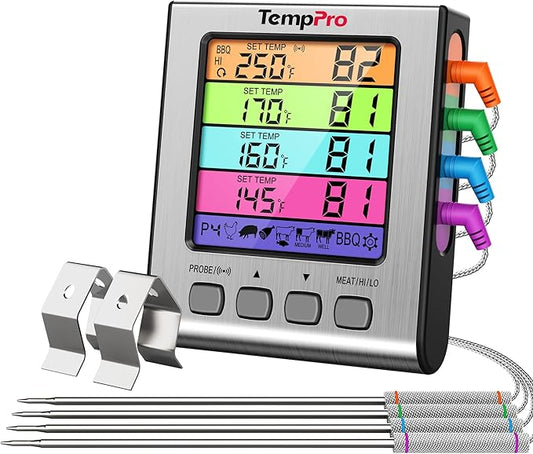 TempPro TP17H Digital Meat Thermometer with 4 Temperature Probes, HI/Low Alarm Smoker Food Thermometer with Colored Backlit LCD, BBQ Thermometer for Cooking Grill Kitchen Oven (Previously ThermoPro)