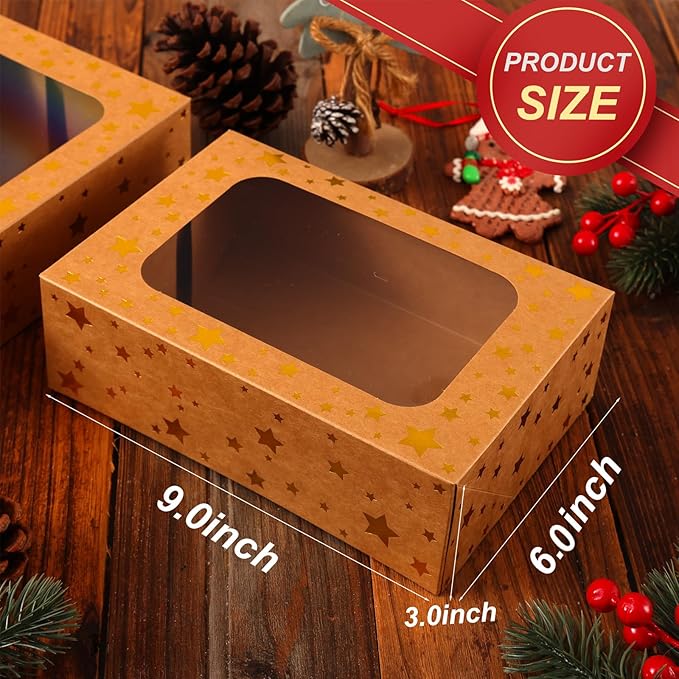 24 Pack Christmas Cookie Boxes,Gold Star Bakery Boxes with Window (9x6x3 Inch),Sturdy Pastry Boxes for Baked Goods,Treat Box for Holiday Gift Exchange, Cookie Tins with Lids for Gift Giving