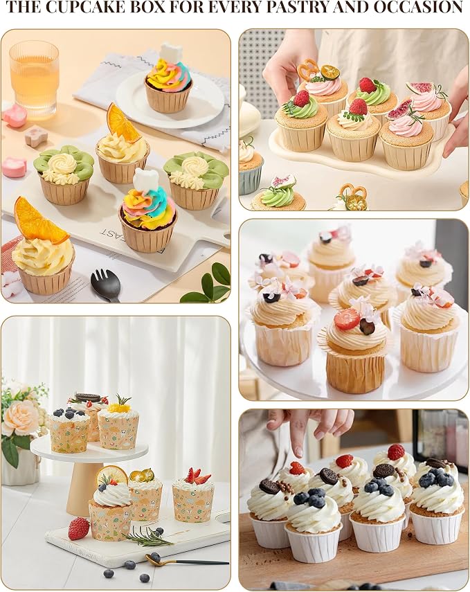 8 Pack Cupcake Boxes with Window for 24 Standard or Mini Cupcakes Corrugated Adjustable Height Bakery Box for Cake,Cookies,Donuts,Muffins&Other Pastries（15x11x4 Inch）
