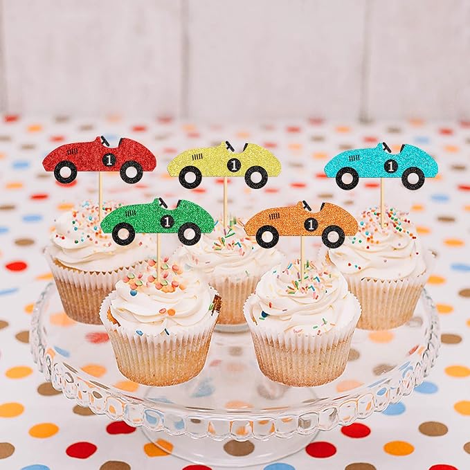 Ercadio 25 Pcs Colorful Race Cars Cupcake Toppers Cute Race Cars Cupake Picks for Racing Car Baby Shower Kids Funny Birthday Party Decoration Supplies
