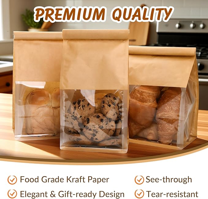 60 Pcs Small Bakery Bags with Window, 3.9x5.1x11.2 Inches Ties Lock Cookie Packaging Bag Resealable Paper Treat Bags for Homemade Breads, Popcorn, Candies,Treats, Snacks, Baked Goods Packaging