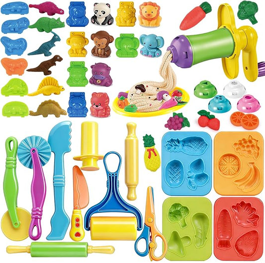 31 Pcs Dough Tools, Dough Play Tools Set + Kitchen Spaghetti Maker Machine Clay and Dough Accessories with Rolling Pins, Clay Cutters, Safety Scissors, 3D Dino & Animal & Fruit Molds