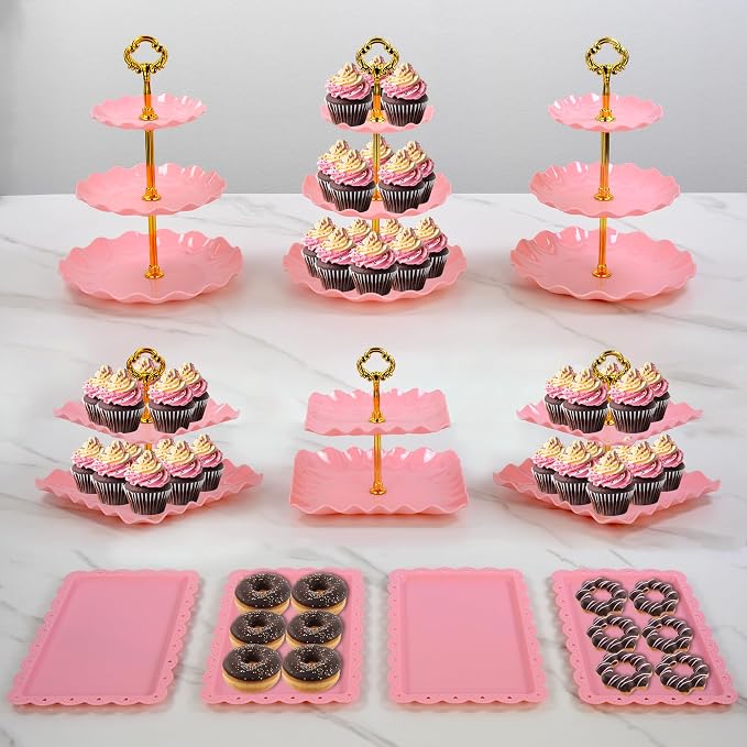 Pack of 11 NWK Cake Stand Set, with 3 x Two-Tier and 3 x Three-Tier Cupcake Stands, 4 x Appetizer Trays, 1 x Tablecloth for Birthday Bridal Baby Shower Party (Pink)