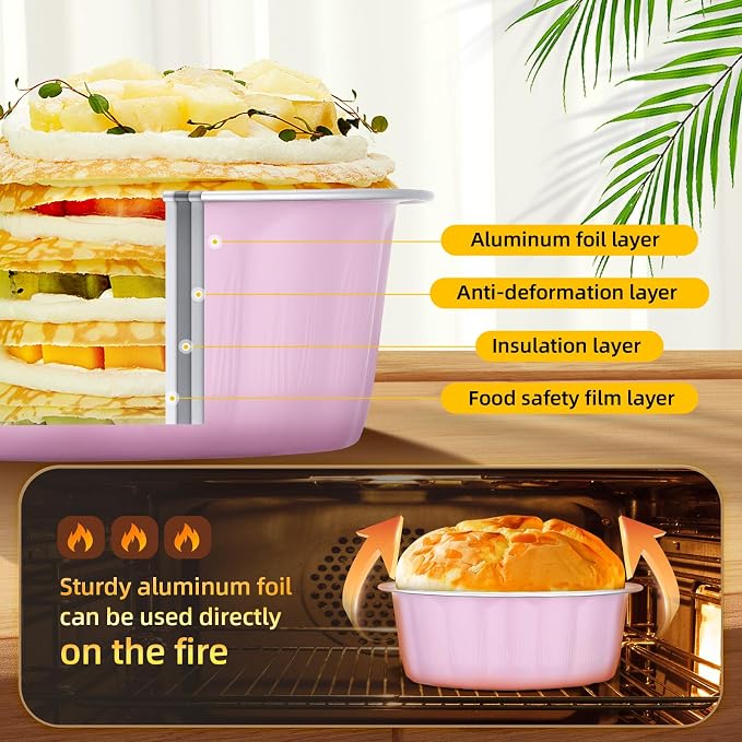 Beasea 8oz Disposable Ramekins with Lids, 120 Pack 235ml Aluminum Foil Baking Cups, Round Muffin Mini Creme Brulee Cups Tins Individual Cupcake Containers for Party Wedding - Pastel Pink