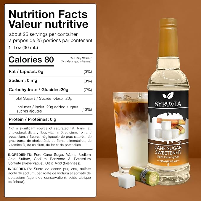 Syruvia Coffee Syrup, Cane Sugar Sweetener Flavored Syrup for Drinks, Lattes, and Desserts – 25.4 fl oz - with Pump