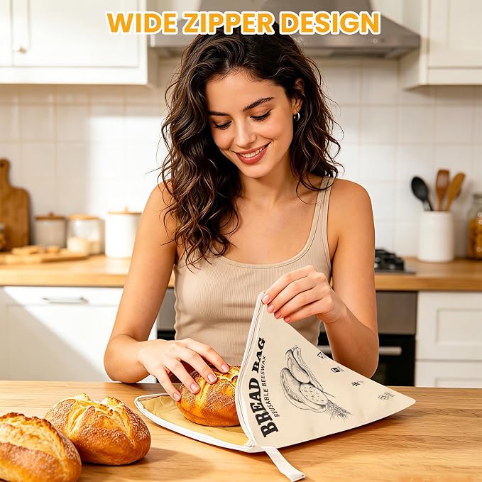 2 Pack Wide Zipper Access Beeswax Bread Bags for Sourdough Bread, Reusable Organic Linen Beeswax Bread Bag for Homemade Sourdough for Homemade Bag to Keep Fresh Longer (Beige-1)"