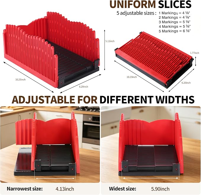 Bread Slicer for Homemade Bread - Adjustable Foldable Compact | For home bakers. Scale markings for even slicing, non-slip base for safety, crumb tray for easy cleanup & storage