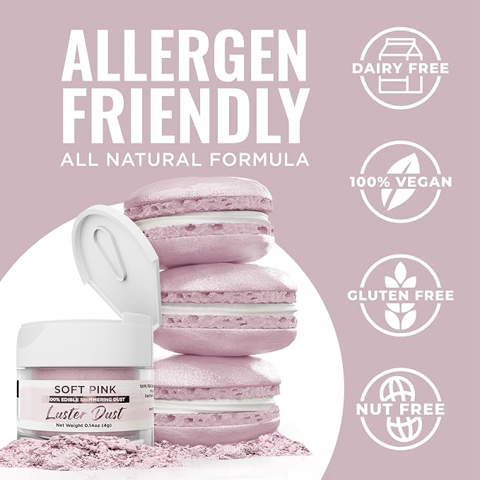 Luster Dust - Soft Pink (4g 1x Jar) | Edible Vegan Dust & Paint for Cake Decorating, Ice Cream, Desserts, Cocktails and Beverages by Bakell