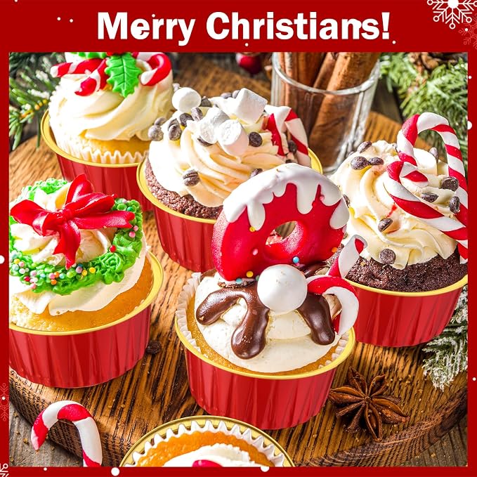 200 Pack Aluminum Foil Cupcake Liners with Lids, 5 oz Round Baking Cup, Disposable Ramekin Container for Graduation Wedding Independence Day Party(Red and Gold,Plain)