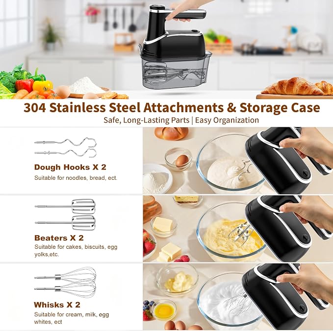 binROC Cordless Electric Hand Mixer, 12-Speed Rechargeable Handheld Mixer with Eject Button, 6 Stainless Steel Attachments, Snap-On Storage Case, LED, Self-Stand for Baking, Cake, Dough, Egg (Black)