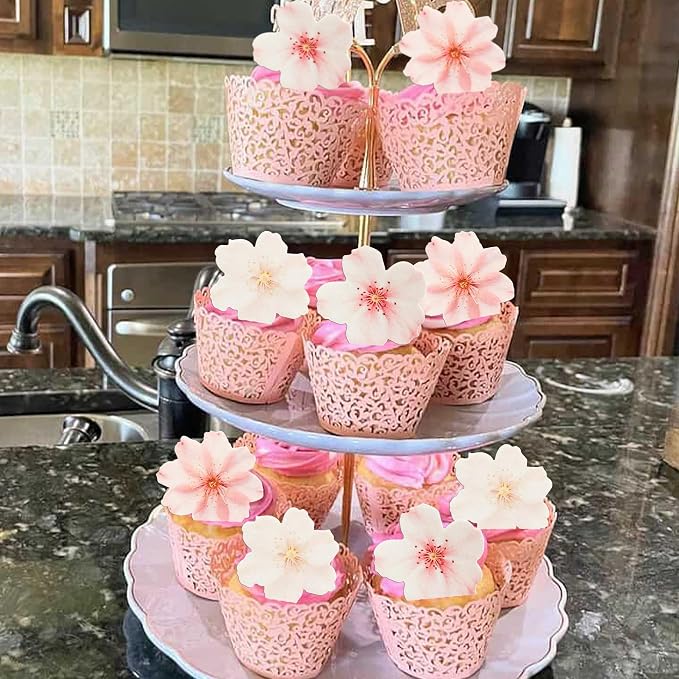 Gyufise 54Pcs Edible Cherry Blossoms Cupcake Toppers Edible Flowers Cake Decorations Wafer Paper Flowers Cupcake Topper for Baby Shower Kids Birthday Party Decorations Supplies Pink White