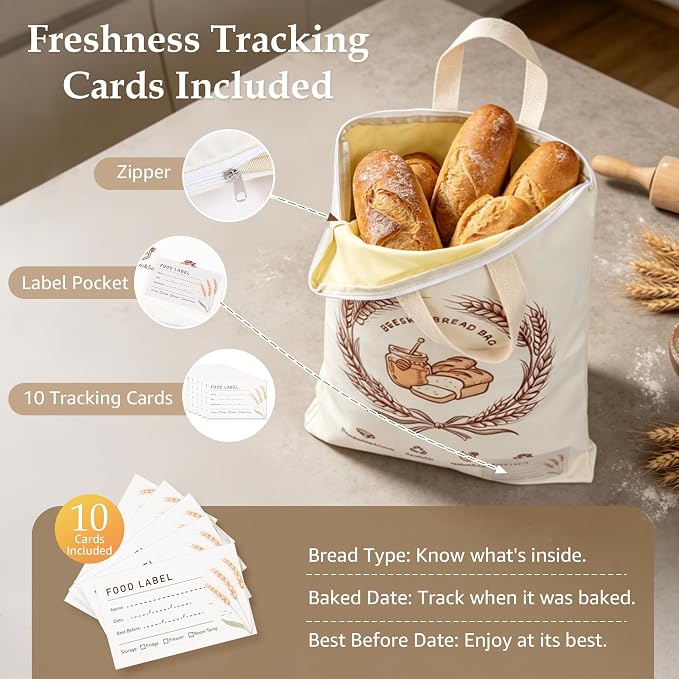 2 Pack Beeswax Bread Bags for Sourdough, 17x13 Inch Reusable Cotton Bread Storage Bags with Zipper and Handle Natural Beeswax Lining Freezer Friendly with 10 Food Labels Included (Wheat Wreath)