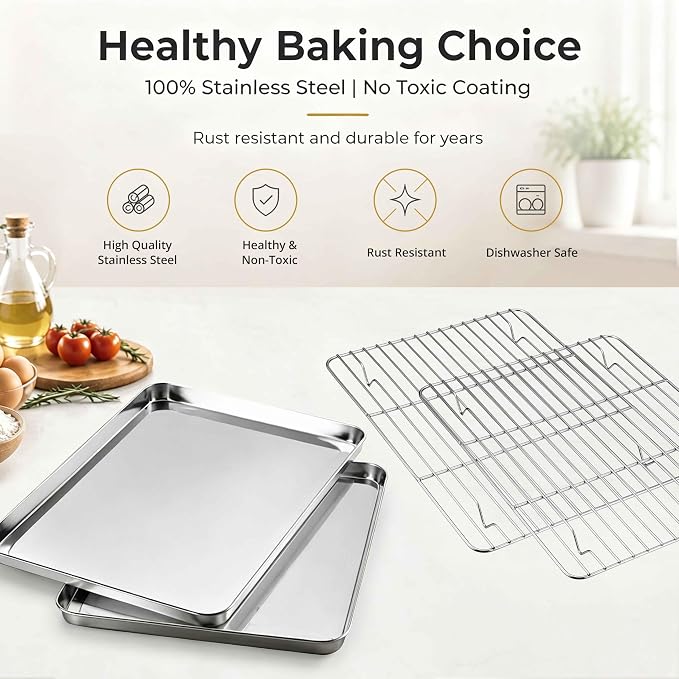 Onader Baking Sheet with Wire Rack, 16x12 Inch Stainless Steel Cookie Sheet with Cooling Racks for Cooking and Baking, Jelly Roll Pan for Oven, 1 Pan + 1 Rack, Nonstick & Rust Resistant