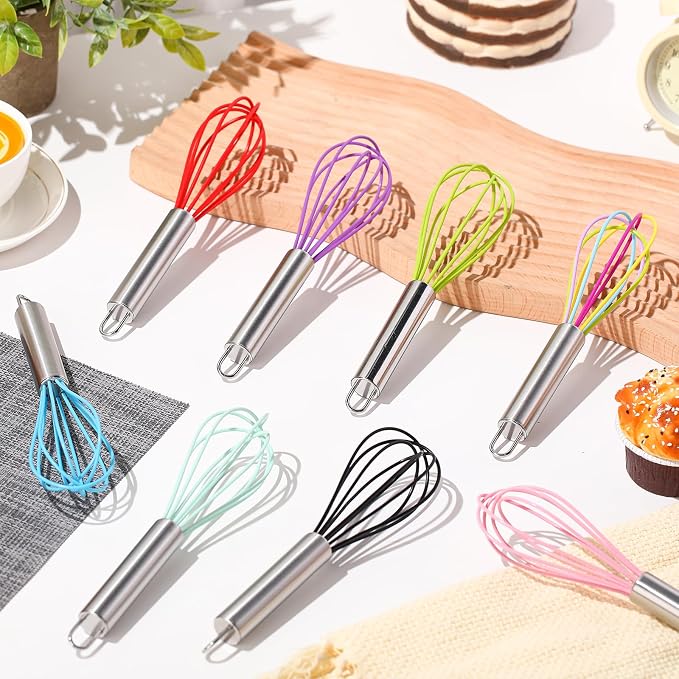 Domensi 24 Pcs 8 Inch Whisks Bulk for Cooking Silicone Whisks Non Scratch Stainless Steel Egg Beater Colorful Coated Metal Heat Resistant Egg Beaters for Valentines Day Party Favor Gift Supplies