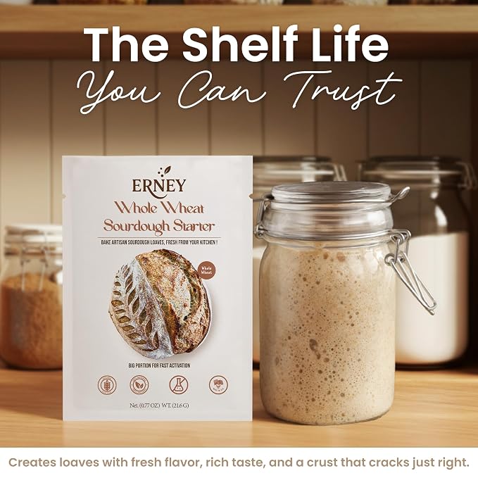 ERNEY Dehydrated Whole Wheat Sourdough Starter 21.6 g Per Sachet for Bread Making - Perfect Rise Whole Wheat Sourdough Bread Flour with Instruction - Versatile Homemade Pastry Flour Perfect for Artisan Loaf Pizza Muffins