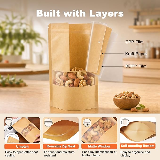 FireKylin 100 Pcs Resealable Bags, Paper Stand Up Pouches Bags with Matte Window for Small Businness, Zipper & Heat Sealable Treat Bags for Packaging (Inner Size 4.9" x 5"; Outer Size 5.5" x 7.9")