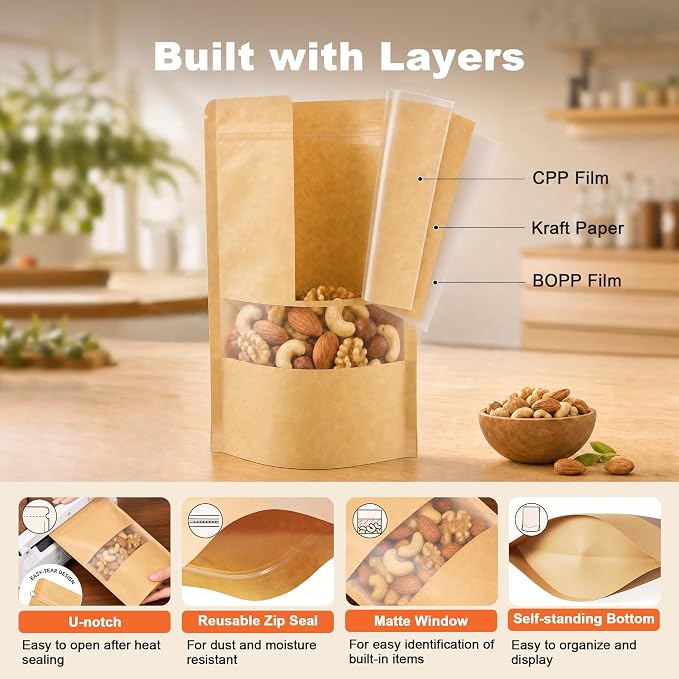 FireKylin 100 Pcs Resealable Bags, Paper Stand Up Pouches Bags with Matte Window for Small Businness, Zipper & Heat Sealable Treat Bags for Packaging(Inner Size 5.2" x 5.7"; Outer Size 5.9" x 8.6")
