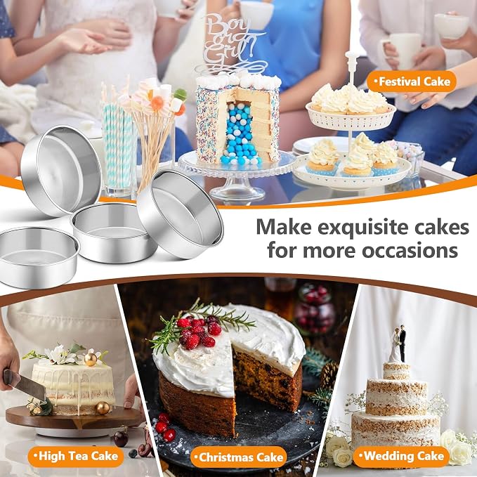 P&P CHEF 6 Inch Cake Pan Set of 4, Stainless Steel Baking Round Cake Pans Tins Bakeware for Birthday Wedding, Leak-proof & Easy Clean, Mirror Finish & Easy Releasing