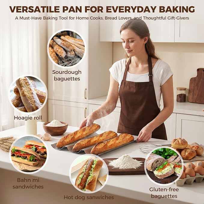 Baguette Bread Pan, Premium Nonstick Perforated French Bread Baguette Baking Pan, 3 Loaves Baguette Tray for Sourdough, Italian Bread, Sub Roll, Perfect for Creating Crisp Golden-Brown Crust