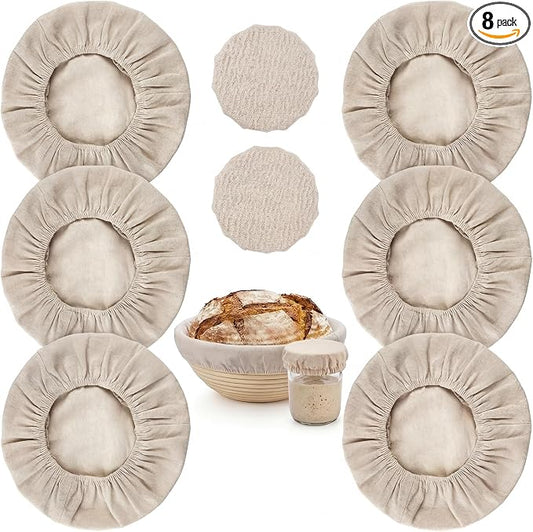 8 PCS Bread Proofing Basket Cloth Liner (6 Round) & 2 Sourdough Starter Jar Covers, 10 Inch Reusable Banneton Basket Cover for Sourdough Baking, Reusable Dough Bowl Liner (Round)