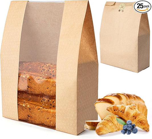 Bread Bags for Homemade Bread Sourdough 25Pcs - Kraft Paper Bakery Bags for Food Packing Storage with Label Seal Stickers (13.7 x 8.3 inch)