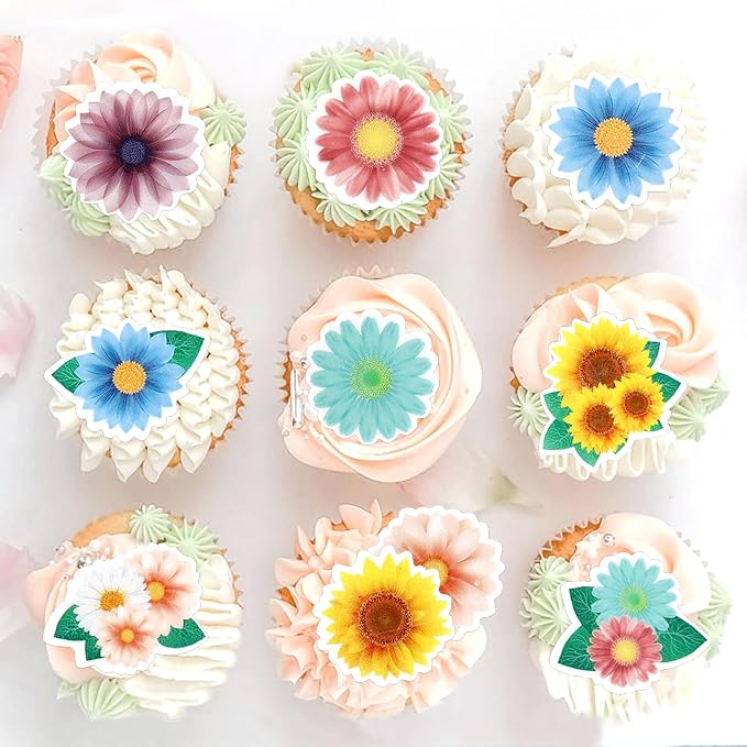 50Pcs Edible Colorful Sunflowers Cupcake Toppers Sunflower Blossoms Cupcake Picks for Sunflower Baby Shower Floral Bridal Shower Engagement Floral Wedding Baby Girls Birthday Cupcake Decorations