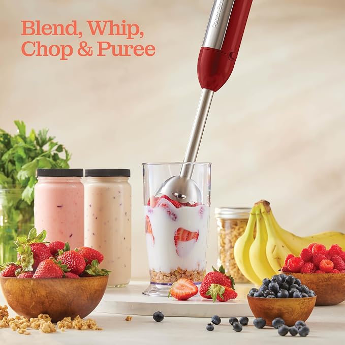 Powerful Immersion Blender, Electric Hand Blender 500 Watt with Turbo Mode, Detachable Base. Handheld Kitchen Blender Stick for Soup, Smoothie, Puree, Baby Food, 304 Stainless Steel Blades (Red)