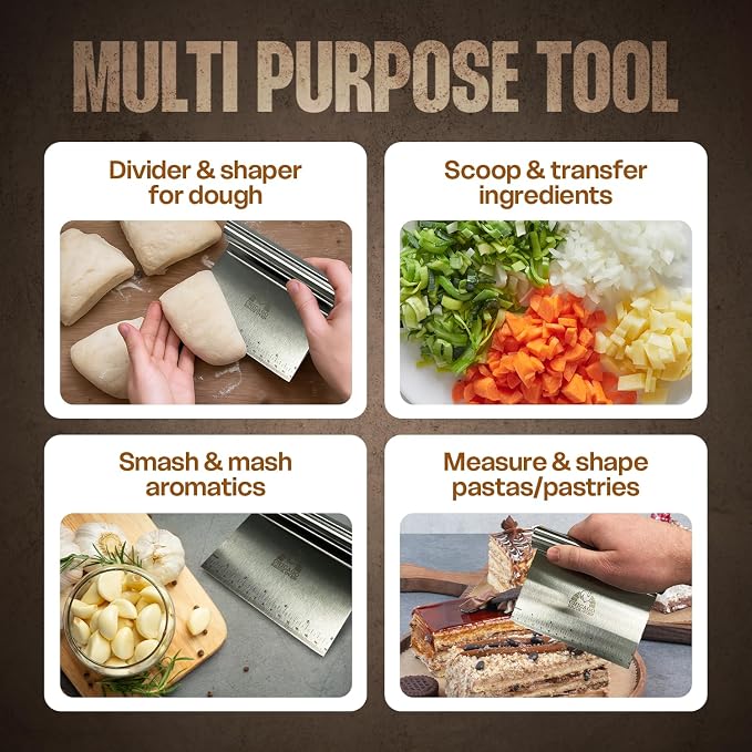 Stainless Steel Bench Scraper for Kitchen – Dough Cutter & Pastry Scraper with Measuring Scale – Multipurpose Tool for Pizza, Bread, Baking – Rust-Resistant, Ergonomic Handle