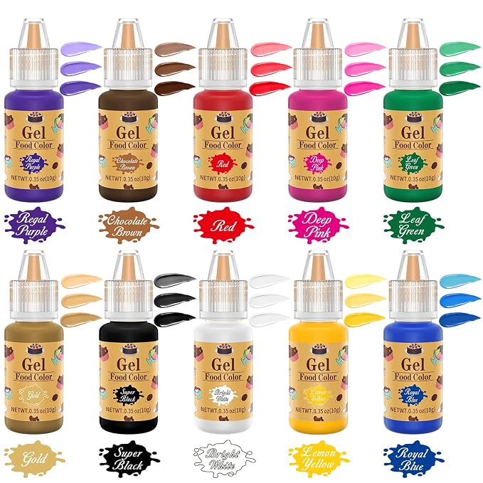 Gel Food Coloring 10 Colors, E-Kongton Food Coloring Gel Cake Color Set,Vibrant Icing Colors Flavorless Edible Foods Dye for Baking Icing Fondant Cake Decorating Clay DIY Supplies Kit .35 Fl. Oz(10ml)