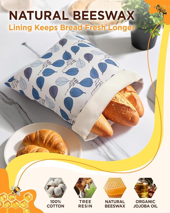 Reusable Beeswax Bread Bag for Homemade Bread, Extra Large Cotton Sourdough Bread Storage Bags, Freezer Safe Bread Keeper for Baker