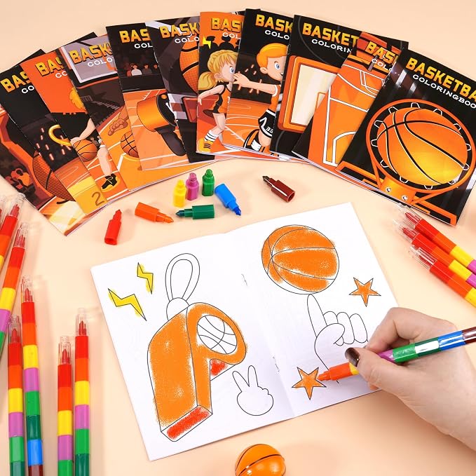 BenLouis 12 Basketball Mini Coloring Books Kids with 12 Stacking Crayons Basketball Party Favors Small Activity Books Bulk for Kids Sports Party Gift Goodie Bag Stuffers