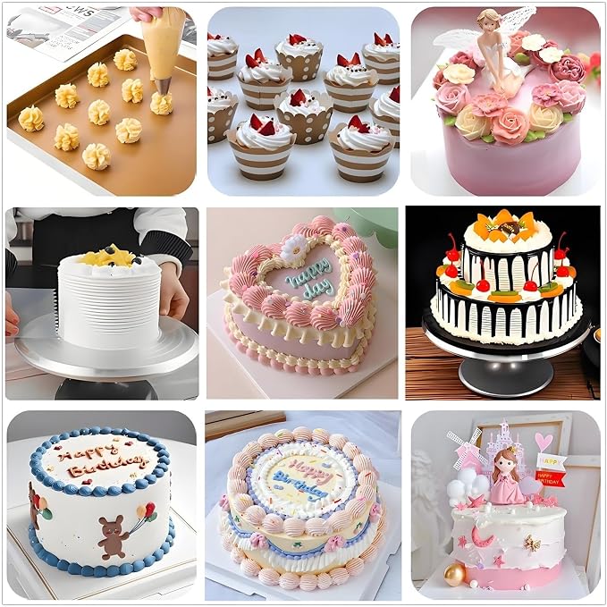 Cake Decorating Kit, 198 Pcs Baking Supplies | Aluminium Cake Turntable, Leveler, 24 Numbered Icing Tips, 2 Spatulas, 3 Scrapers, 50 Pastry Bags, 50 Cupcake Liners & More