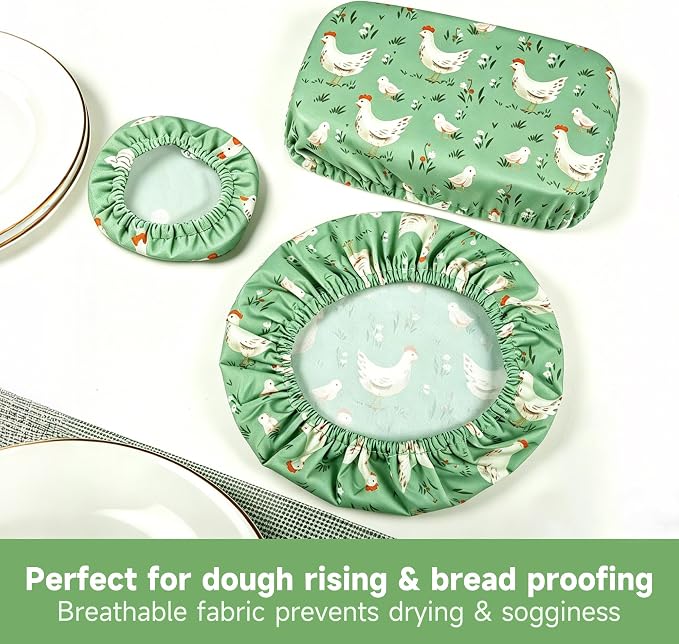 Reusable Bowl Covers, Elastic Cotton Cloth Sourdough Bread Cover, Reusable Bowl Caps for Bread Proofing Baskets and Large Mixing Containers, 3 Pack, Chicken