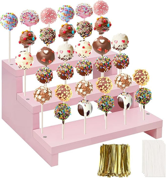 Wood Cake Pop Stands, 3 Tier Lollipop Holders with Twist Ties Lollipop Sticks, Sucker Display Riser for Dessert Table of Wedding Birthday Party (Pink-1P)