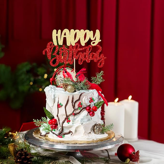 Gyufise 1Pcs Happy Birthday Cake Topper Glitter Happy Birthday Cake Pick for Christmas Theme Wedding Anniversary Theme Party Cake Decorations Supplies Gold Red