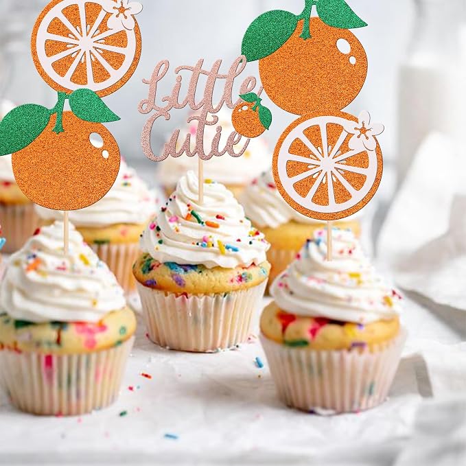 30 PCS Little Cutie Cupcake Toppers Glitter Fruit Theme Orange Cupcake Picks Citrus Cupcake Decoration for Baby Shower Kids Boys Girls Birthday Party Cake Decorations Supplies Rose Gold